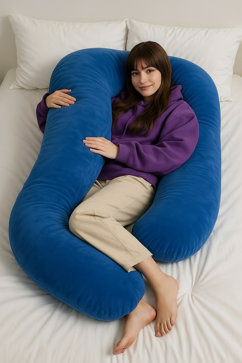 Person relaxing on a navy blue HerPillow® U-shaped full-body pillow on a bed.
