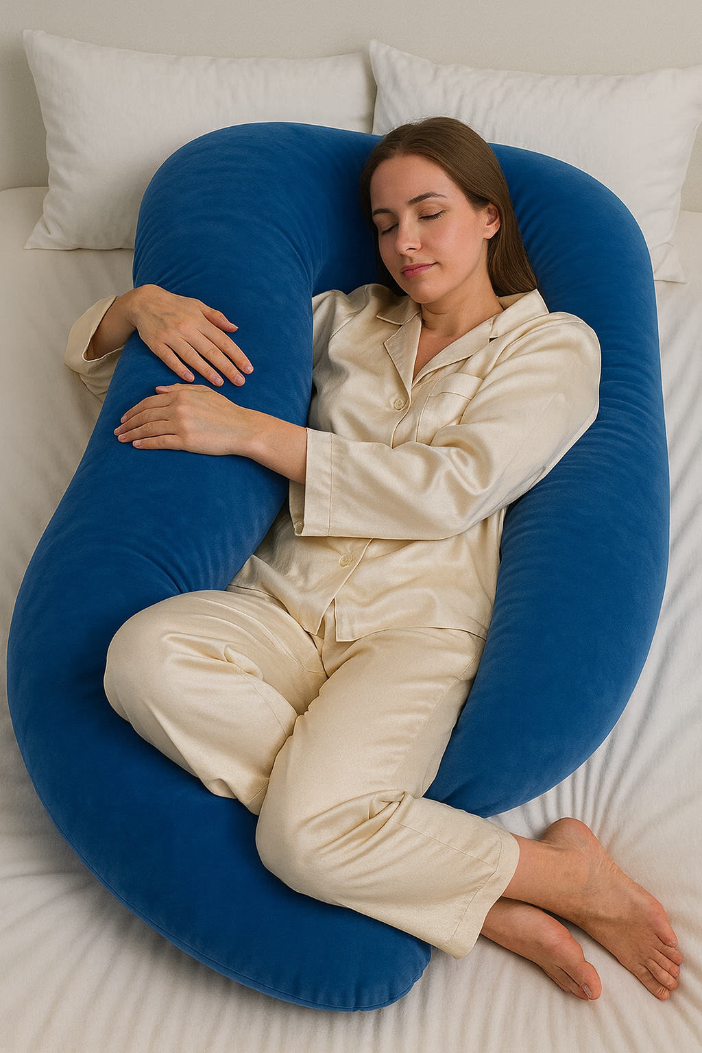 Woman resting on a navy blue HerPillow® U-shaped full-body pillow on a bed.