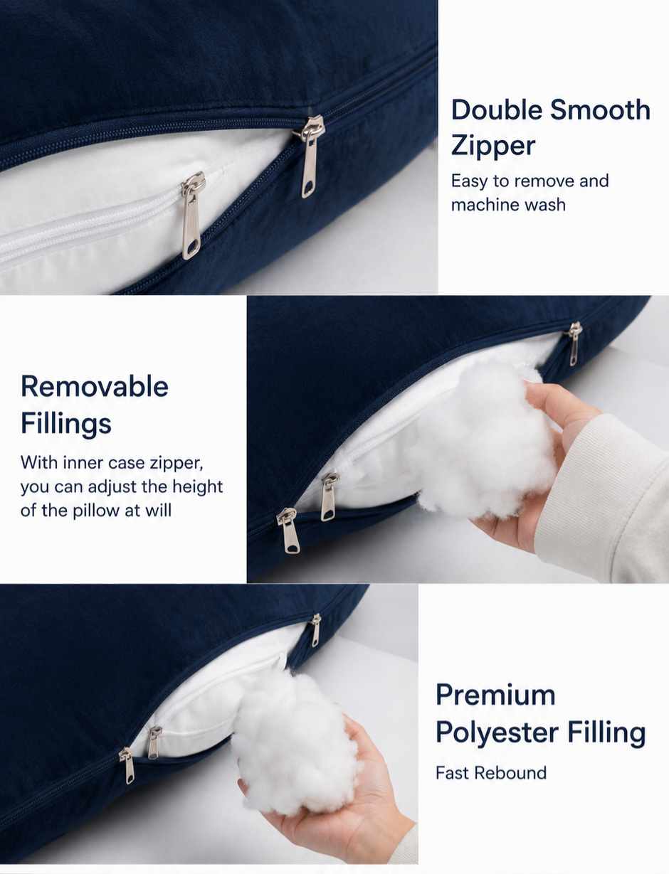 HerPillow premium full-body pillow featuring removable filling, dual zipper design, and high-quality polyester filling for adjustable comfort and long-lasting support