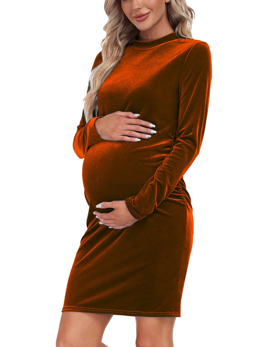 HerPillow Long Sleeve Velvet Turtleneck Maternity Bodycon Dress for Casual Baby Shower Photoshoot Caramel S