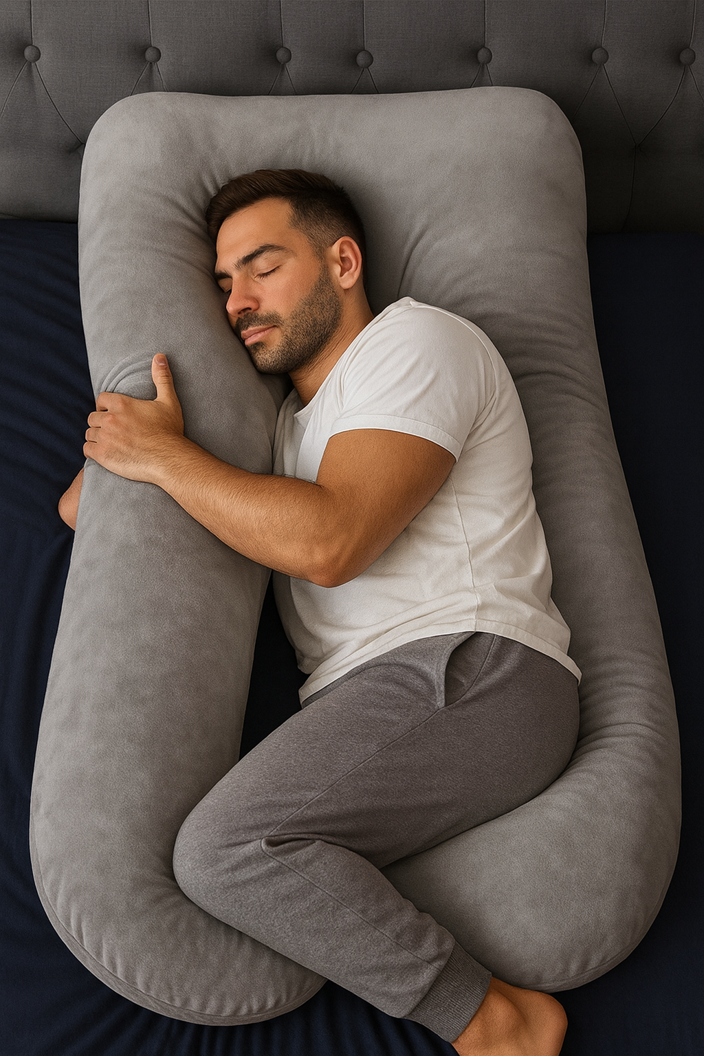 Man sleeping on his side in bed using a HerPillow full body pillow for everyday comfort and relaxation.