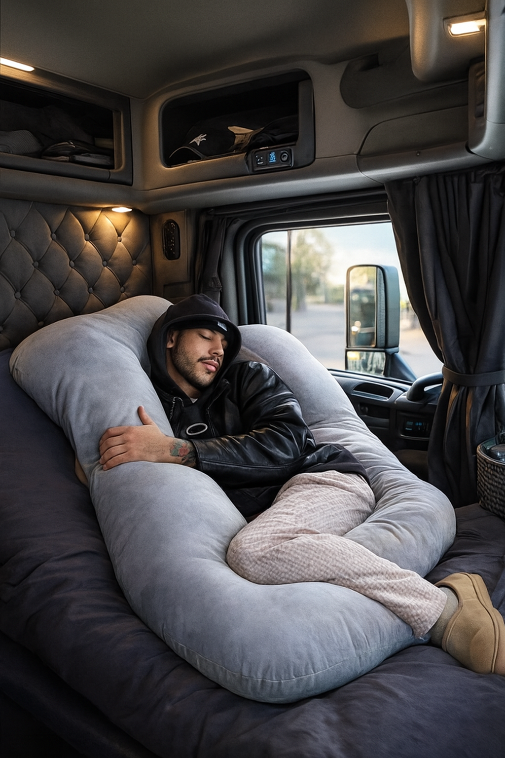 Man sleeping comfortably with a premium HerPillow full body pillow inside a semi truck sleeper cab, showing ergonomic support for back, legs, and side sleeping.