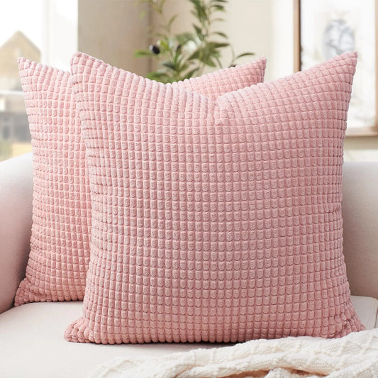 HerPillow Co. Throw Pillow Covers 16x16 Set of 2 Soft Corduroy Boho Stripe Decorative Spring Pillow Cover Couch Fluffy Pillow Cover for Farmhouse Home Decor Bed Living Room Pink