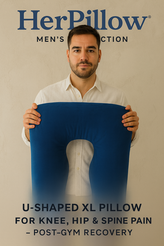 A man in a white button-up shirt stands in a cozy bedroom holding a gray U-shaped XL body pillow from the HerPillow® Men's Collection. The pillow is designed for full-body support and relief from knee, hip, and spine pain, ideal for post-gym recovery and better sleep.