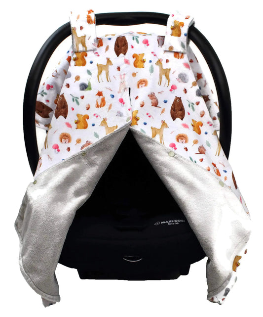 HerPillow Baby Gear Deluxe Car Seat Canopy - Infant Car Seat Cover - Baby Car Seat Covers - Carseat Canopy for Infant Car Seats - Car Seat Cover (Dainty Forest Animals Nuts and Berries Light Gray 40"x30") HerPillow.store