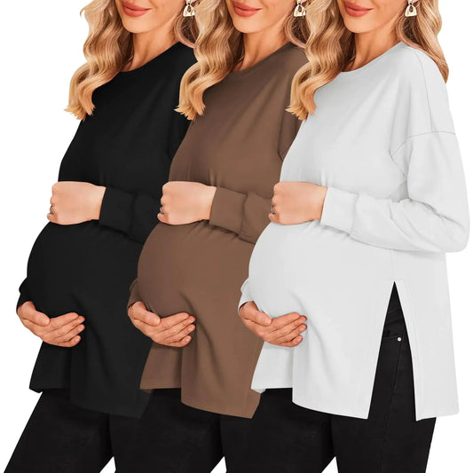 Pregnancy Shirts for Women 3 Pack Maternity Top O-Neck Maternity T Shirt Black/Brown/White S HerPillow.store
