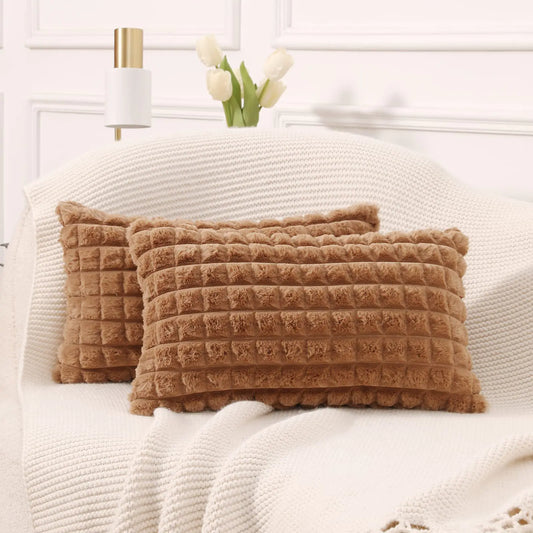 HerPillow Set of 2 Super Soft Plush Faux Fur Lumbar Throw Pillow Covers 12x20 InchPlaid Texture Modern Luxury Decorative Pillow Case Cushion Cover for Home Decor Sofa Couch Bed FarmhouseBrown