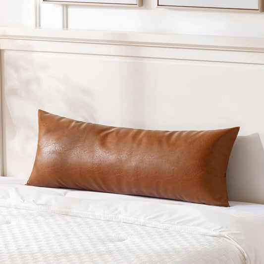 HerPillow Brown Boho Long Lumbar Faux Leather Body Decorative Throw Pillow Cover 14x36 Inch for Bedroom Couch Bed Bench Thick Stylish Solid Rectangle Pillowcase Rustic Modern Farmhouse Room Decor